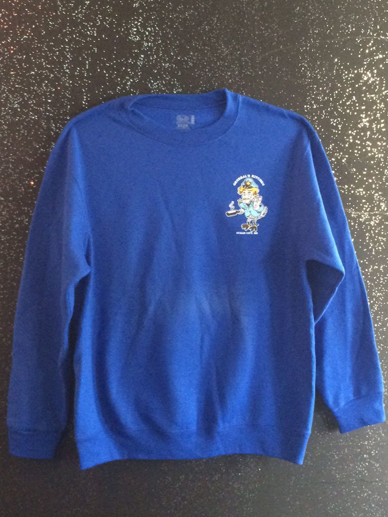 a blue sweatshirt with the General's Kitchen logo on it